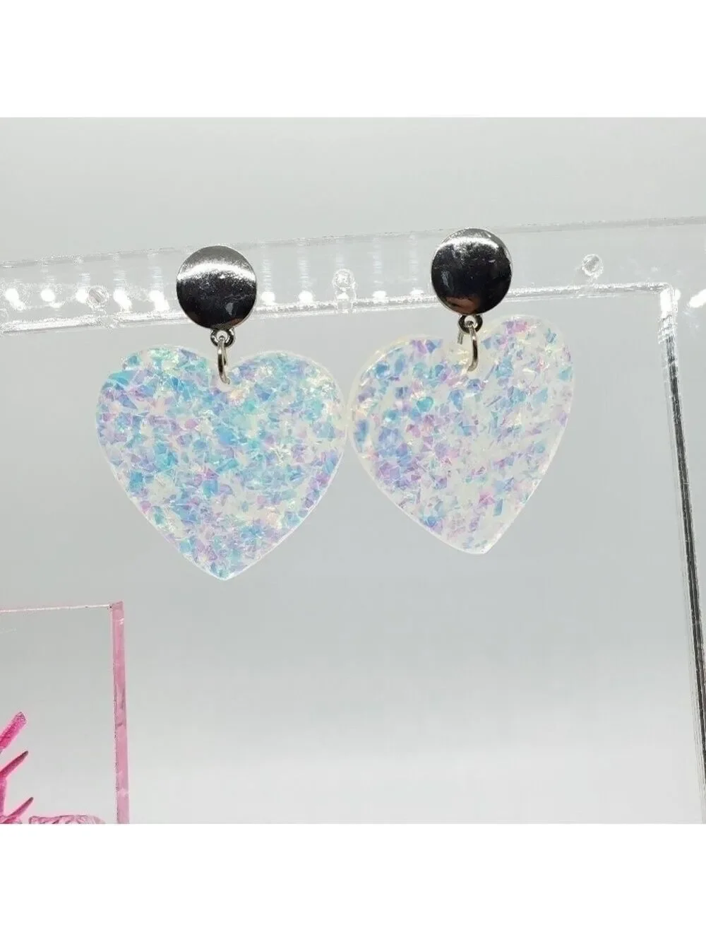Confetti heart dangle silver button earrings